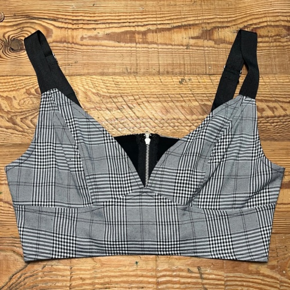 Coco & Yves Plaid Crop Top‎ Gray Black Sleeveless Zipper Back Adjustable Straps